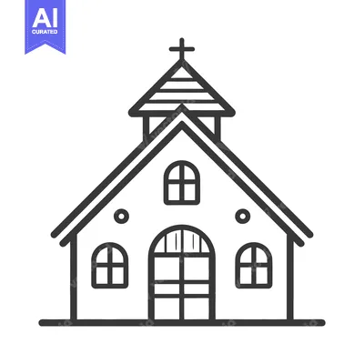 A simple black and white illustration of a church building