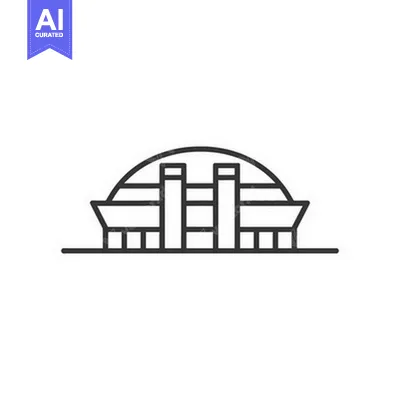 An outlined symmetrical illustration of a building with a large arched