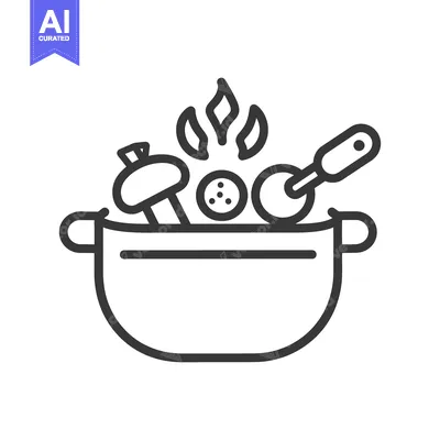Aset desain premium: Black and white illustration of a cooking pot with food items