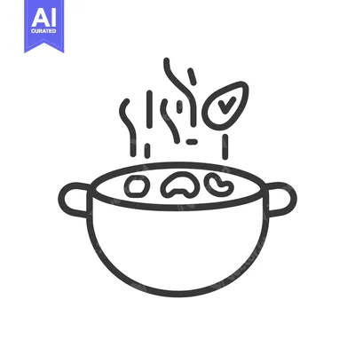 Aset premium populer: A cooking pot with food emitting steam depicted in outline form