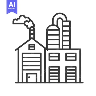 Aset desain premium: A simple black and white line drawing of a factory building