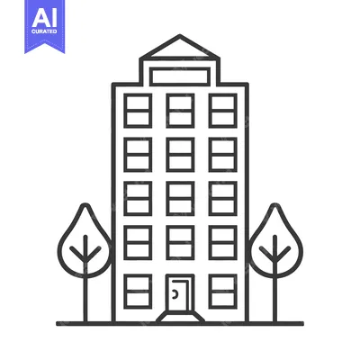Aset desain premium: A tall modern building is flanked by stylized leafy trees