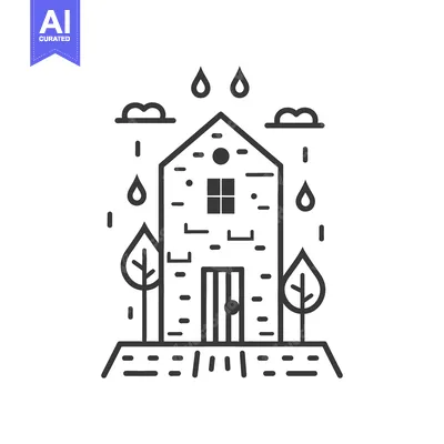 Aset desain premium: A simple illustration depicting rain falling on a small house