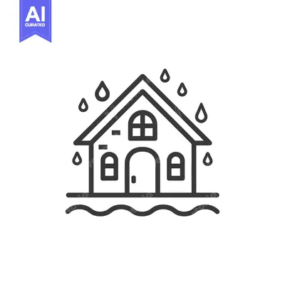 Aset desain premium: A house is flooded with rain and surrounded by water waves