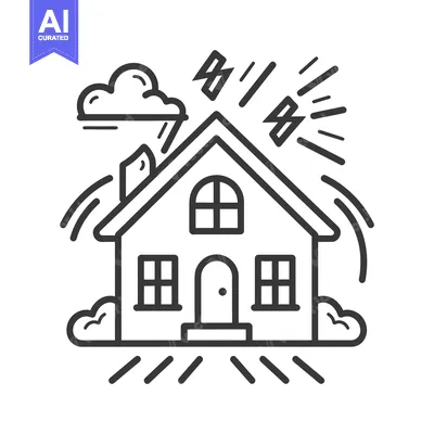 Aset desain premium: A house experiencing a storm with lightning and heavy rainfall
