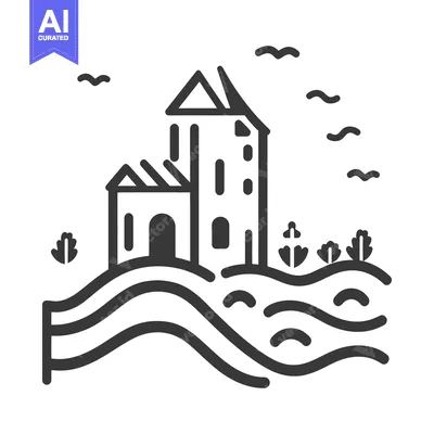 Aset desain premium: A black and white illustration of a building on a hill