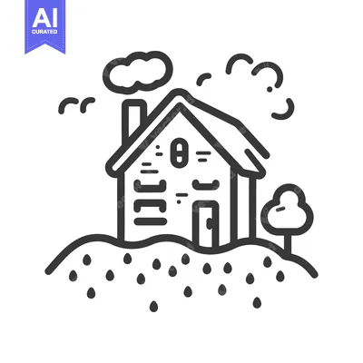 Aset premium populer: A simple line drawing depicts a small house on a hill