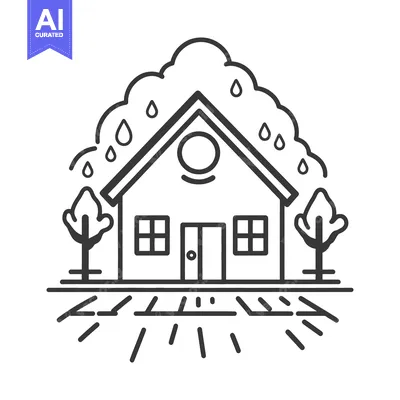 Simple black and white illustration depicting a house in the rain