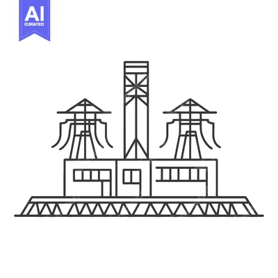 Aset premium populer: Simple illustration depicting a power plant in a black linear outline