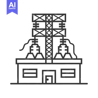 An outlined illustration representing an industrial building with powe