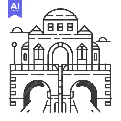 Aset premium populer: An architectural illustration of a building with arched bridges and wi