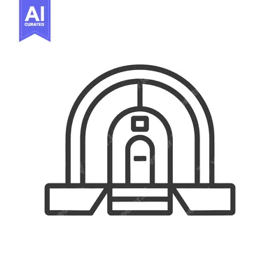 Aset premium populer: A black and white line drawing depicting an arched building entrance
