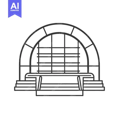 A monochrome illustration depicting a stage with an arched backdrop