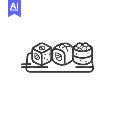 Premium design asset: Black and white line art featuring various sushi pieces