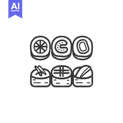 Aset premium populer: Six stylized sushi pieces are displayed on a clean white background