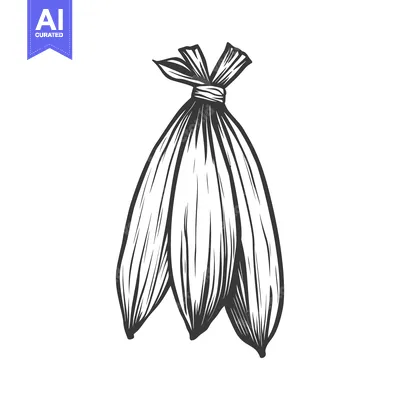A detailed black and white illustration of a tied sack