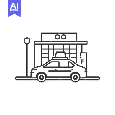 Popular premium asset: A black and white illustration of a taxi cab by a building