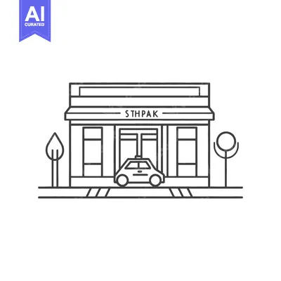 Aset desain premium: A stylized monochrome building with a car and some trees