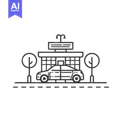 Aset premium populer: An outlined drawing depicting a car in front of a building