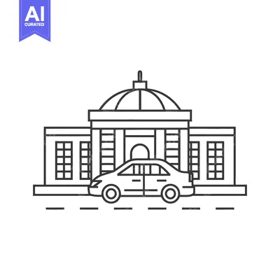 Aset desain premium: An illustrative vector graphic depicts a car parked in front of a buil
