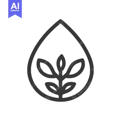 Premium design asset: A simple black and white stylized water drop with plant symbol
