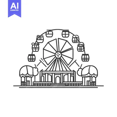 Aset premium populer: A detailed monochrome illustration of a ferris wheel and landscape