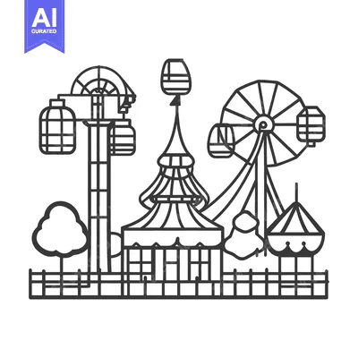 Aset premium populer: Black and white illustration of an amusement park scene
