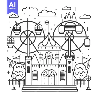 Black and white line illustration of a whimsical amusement park scene