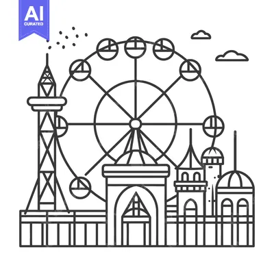 A black and white outline of a theme park illustration