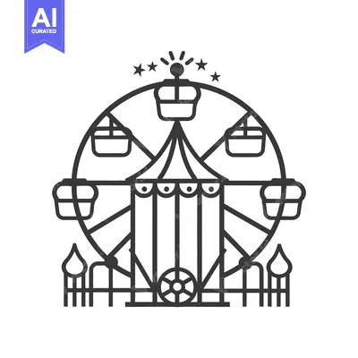 A stylized black and white illustration of a carnival Ferris wheel