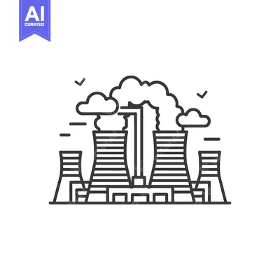 Aset premium populer: A monochromatic graphic depicts an industrial power plant emitting smo