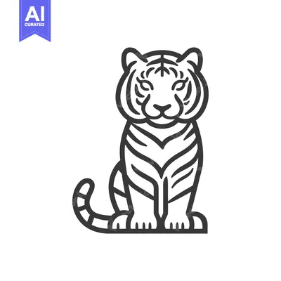 Aset desain premium: A simplistic line drawing of a sitting tiger with stripes
