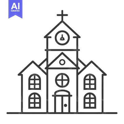 A black and white line drawing of a church building