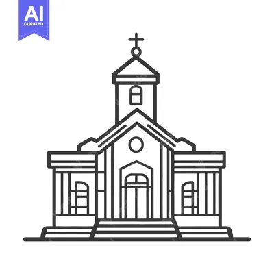 A black and white line art illustration of a church building