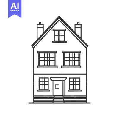 The front view of a black line drawing of a building