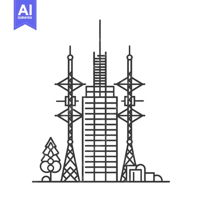 A tall building with communication towers and a small tree