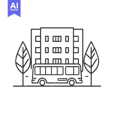 Premium design asset: A black and white illustration of a bus and building