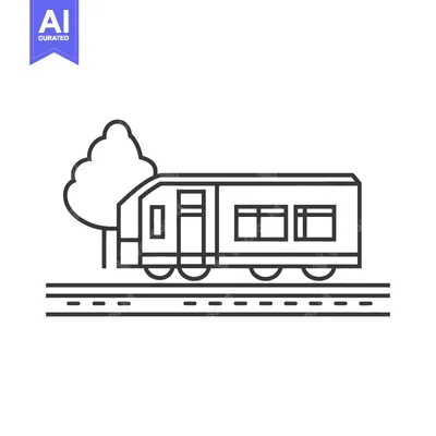 A train traveling on railway tracks next to a stylized tree