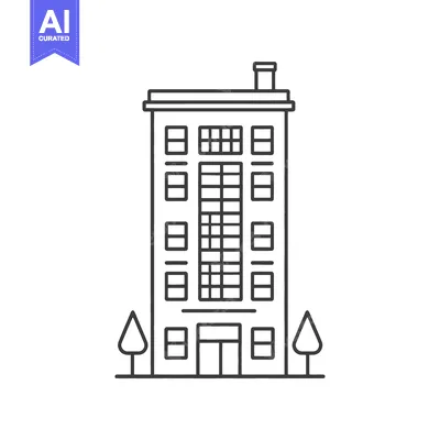 Premium design asset: A stylized black and white illustration of a tall urban building