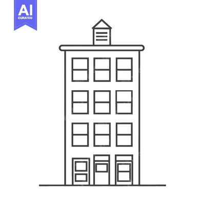 Aset desain premium: A simple black line drawing of a multi story building