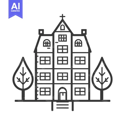 Aset premium populer: Detailed line art drawing depicting a large building with trees