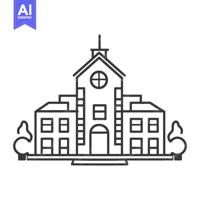 Aset desain premium: A line drawing depicting a large building and trees
