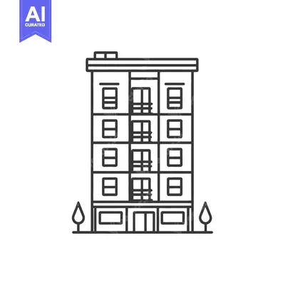 Aset desain premium: A black and white illustration of a tall apartment building