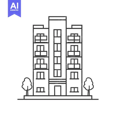 Simple black and white line drawing depicting an apartment building