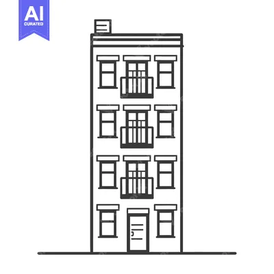 Aset desain premium: A tall residential building with balconies and multiple windows is sho