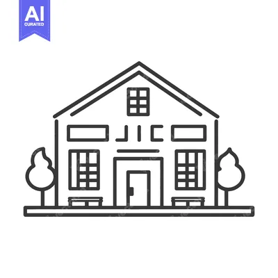 Aset premium populer: Simple linear illustration of a building with trees on each side