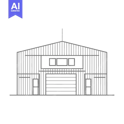 A simple grayscale line drawing depicting a large warehouse structure