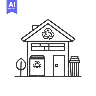Premium design asset: A simple line drawing depicts a house with a recycle symbol