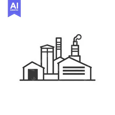A simple vector illustration depicts a factory and its components
