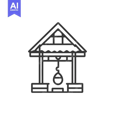 Aset premium populer: An outline drawing of a well with a roof and bucket
